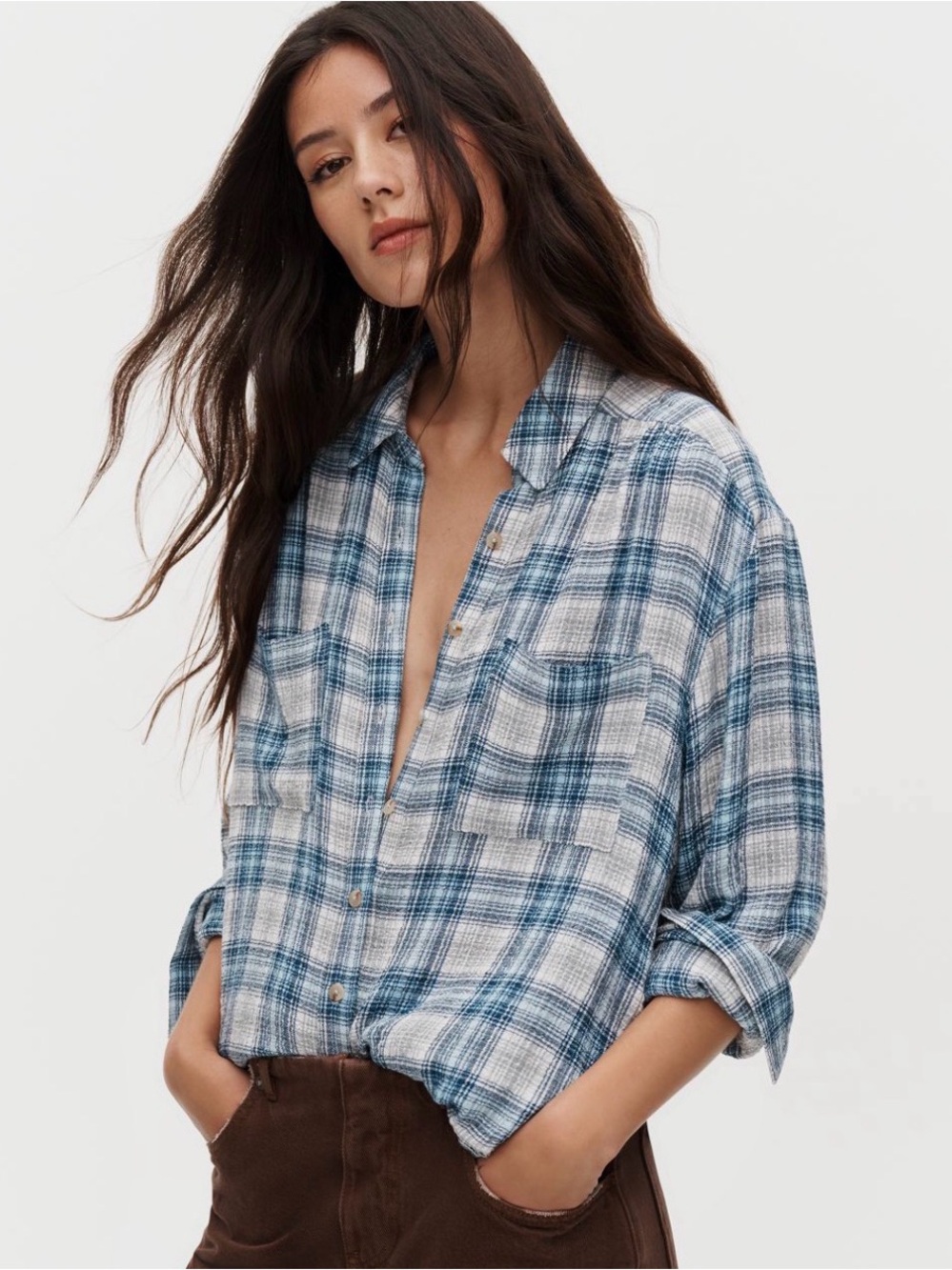 NWT Anthropologie Hadley Pilcro Blue & Gray Plaid Relaxed Button Down Shirt SZ S